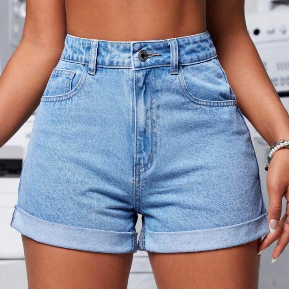 SHEIN Blue Jean Shorts High-Waisted Cuffed Hem